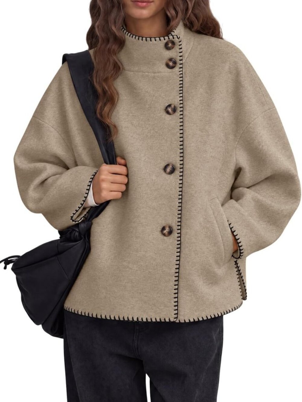 Cropped Oversized Wool Peacoat with Stand Collar for Women - Winter Fashion - Picture 1 of 6